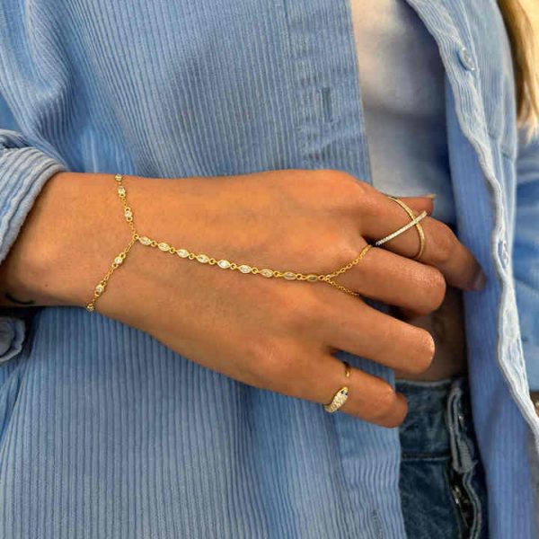 Sparking 5A Cubic Zirconia CZ Link Chain Fashion Women Hand Chain Bracelet With Ring