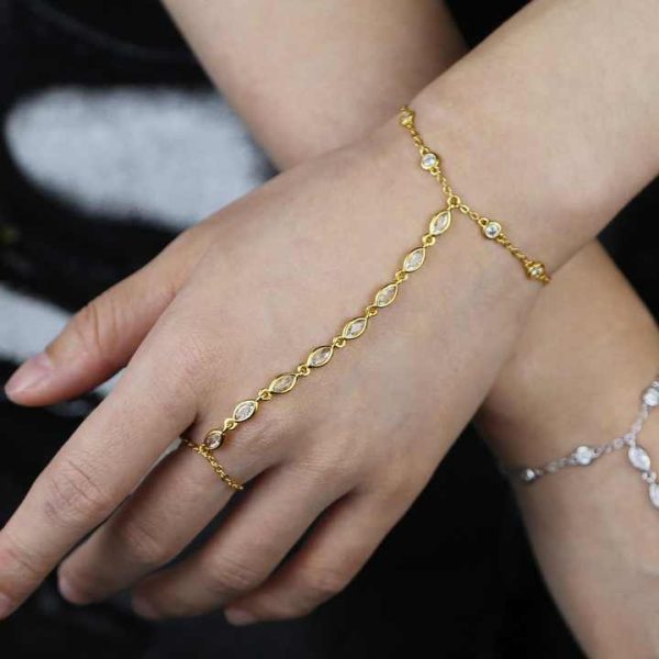 Sparking 5A Cubic Zirconia CZ Link Chain Fashion Women Hand Chain Bracelet With Ring