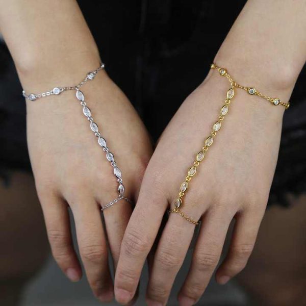Sparking 5A Cubic Zirconia CZ Link Chain Fashion Women Hand Chain Bracelet With Ring