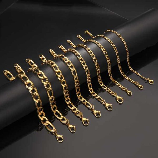 Tarnish Free Classic Fashion Jewelry 18K Gold Plated Stainless Steel Chunky Chain Bracelet Figaro Chain Bracelet for Men Women
