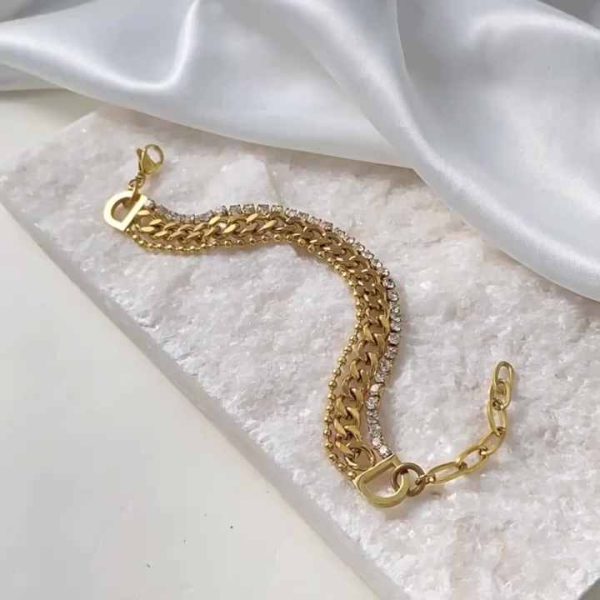 Trendy Multi-Layer Cuban Chain Bracelet in Stainless Steel with PVD Gold Plating and Zircon Accents
