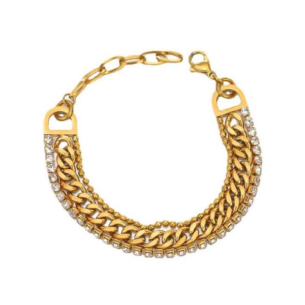 Fashion Jewelry Three Layer Bead Cuban Chain Bracelet PVD Gold Plated Bracelet Stainless Steel Zircon Bracelet