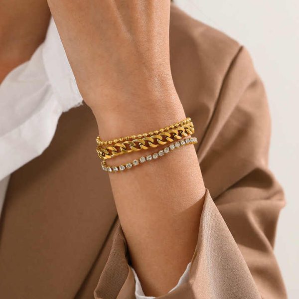 Fashion Jewelry Three Layer Bead Cuban Chain Bracelet PVD Gold Plated Bracelet Stainless Steel Zircon Bracelet