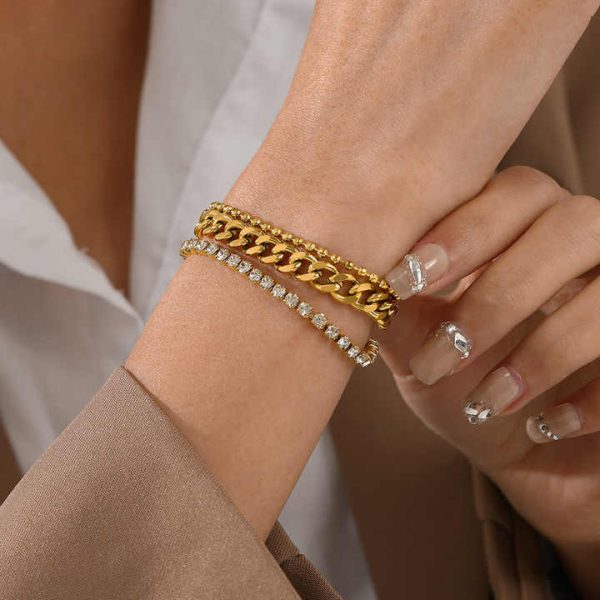 Fashion Jewelry Three Layer Bead Cuban Chain Bracelet PVD Gold Plated Bracelet Stainless Steel Zircon Bracelet