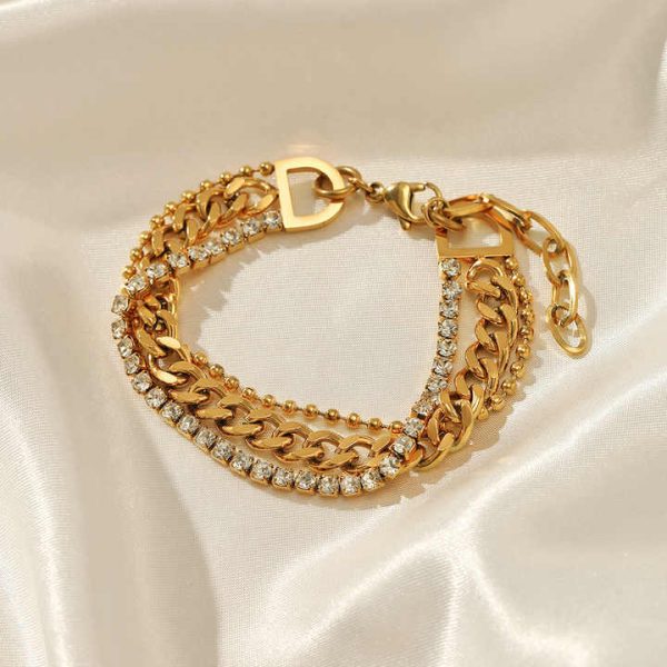 Fashion Jewelry Three Layer Bead Cuban Chain Bracelet PVD Gold Plated Bracelet Stainless Steel Zircon Bracelet