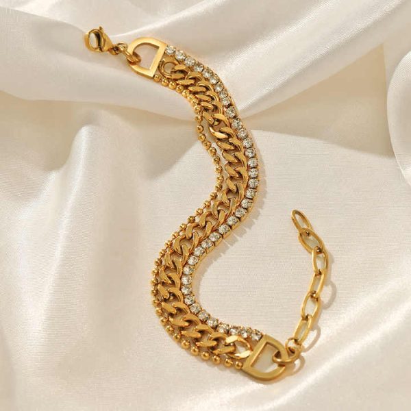 Fashion Jewelry Three Layer Bead Cuban Chain Bracelet PVD Gold Plated Bracelet Stainless Steel Zircon Bracelet