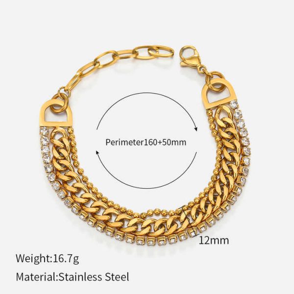 Fashion Jewelry Three Layer Bead Cuban Chain Bracelet PVD Gold Plated Bracelet Stainless Steel Zircon Bracelet