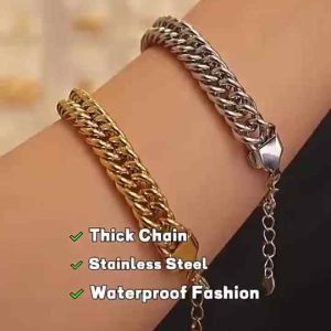 Trendy Two-Tone Stainless Steel Cuban Chain Bracelet 18K Gold Plated Geometric Hip Hop Jewelry for Women Men