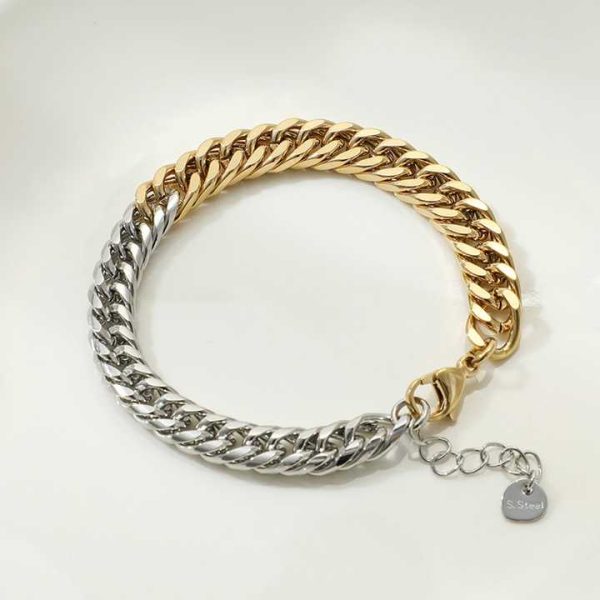 Hip Hop Fashion Stainless Steel Link Unique Cool Women Men Girls Jewelry Two Tone Half Gold Silver Cuban Chain Bracelet