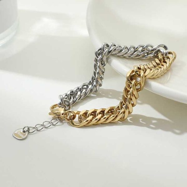 Hip Hop Fashion Stainless Steel Link Unique Cool Women Men Girls Jewelry Two Tone Half Gold Silver Cuban Chain Bracelet