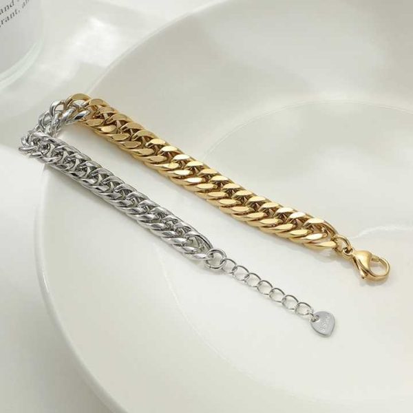 Hip Hop Fashion Stainless Steel Link Unique Cool Women Men Girls Jewelry Two Tone Half Gold Silver Cuban Chain Bracelet