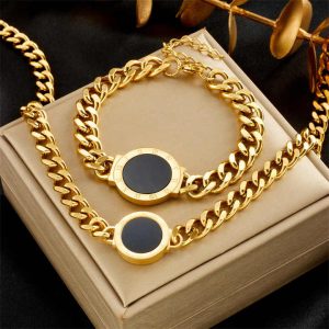 Fashion Retro Stainless Steel Jewelry Bracelet Necklace Roman Brand Accessories Geometric Shape Heavy Industry Thick Trendy