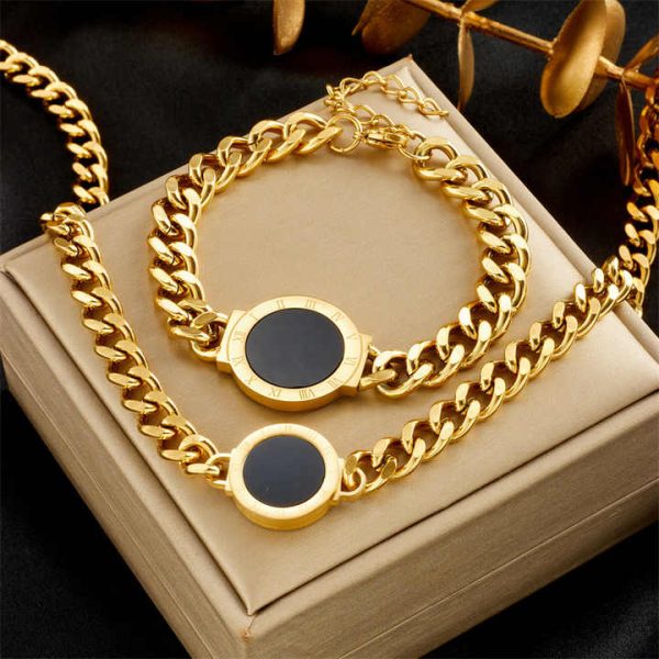 Fashion Retro Stainless Steel Jewelry Bracelet Necklace Roman Brand Accessories Geometric Shape Heavy Industry Thick Trendy