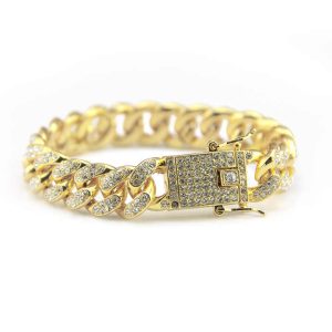 Vintage Gold Plated Chunky Curb Cuban Link Bracelet with Crystal Rhinestones - Zinc Alloy Unisex Chain Bangle