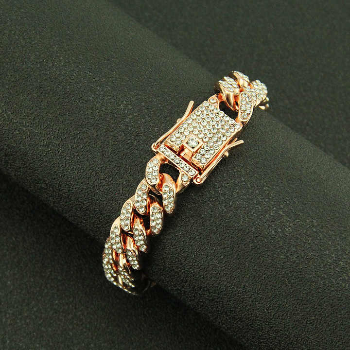Hot Selling Fine Jewelry Gold Plated Chunky Curb Cuban Bracelets Bangles Bling Crystal Cuban Link Chain Bracelet
