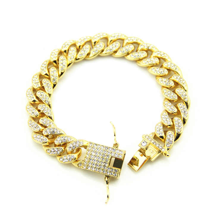 Hot Selling Fine Jewelry Gold Plated Chunky Curb Cuban Bracelets Bangles Bling Crystal Cuban Link Chain Bracelet