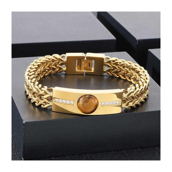 Vintage High Polished 18k Gold Plated Double Layer Herringbone Stainless Steel Chain Bracelets Mens Rhinestones Bracelet Jewelry