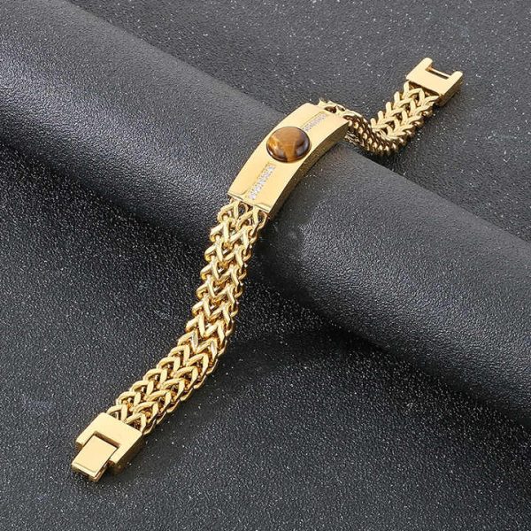 Vintage High Polished 18k Gold Plated Double Layer Herringbone Stainless Steel Chain Bracelets Mens Rhinestones Bracelet Jewelry