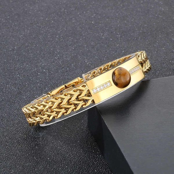 Vintage High Polished 18k Gold Plated Double Layer Herringbone Stainless Steel Chain Bracelets Mens Rhinestones Bracelet Jewelry