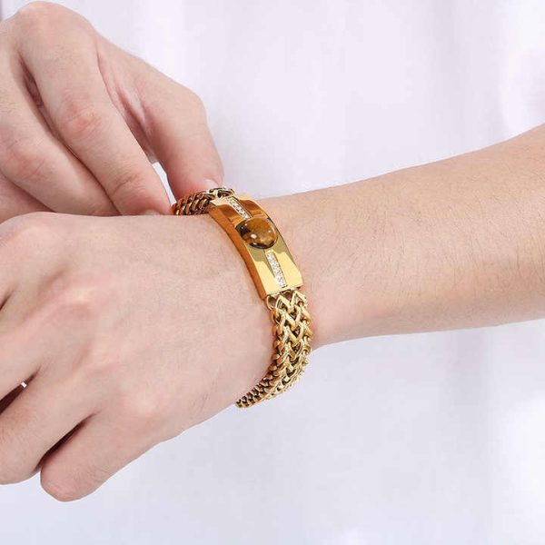 Vintage High Polished 18k Gold Plated Double Layer Herringbone Stainless Steel Chain Bracelets Mens Rhinestones Bracelet Jewelry