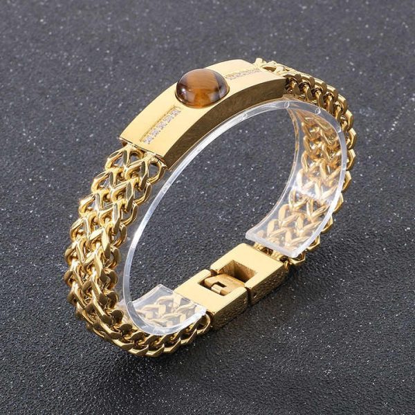 Vintage High Polished 18k Gold Plated Double Layer Herringbone Stainless Steel Chain Bracelets Mens Rhinestones Bracelet Jewelry