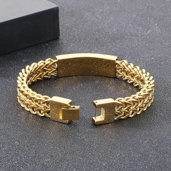 Vintage High Polished 18k Gold Plated Double Layer Herringbone Stainless Steel Chain Bracelets Mens Rhinestones Bracelet Jewelry