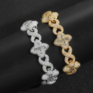 Dainty Green Clover Cubic Zircon Chain Bracelet for Women Hip Hop Jewelry Rhodium Gold Plated