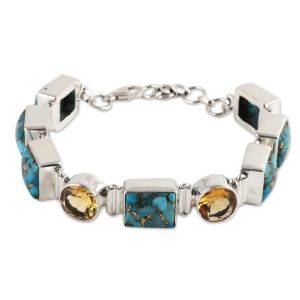 Boho Minimalist 925 Sterling Silver Citrine Turquoise Chain Link Bracelet for Office Career Unisex Jewelry