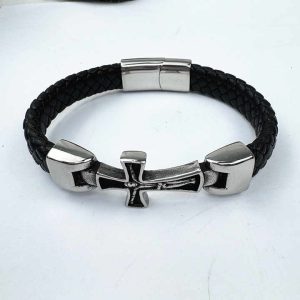 Customizable Men's Stainless Steel Cross Leather Bracelet Gold Plated Chain Link Bangle Trendy Anniversary Gift Jewelry