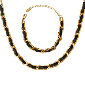 New Arrival 18K Gold Plated Stainless Steel Bracelets Fashion Black Leather Bangles for Women Perfect Gift Idea