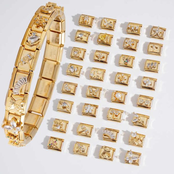 Fashion Italian Link Charms Gold Stainless Steel Rhinestone Gold Plated Italian Charm Bracelet with Diamonds