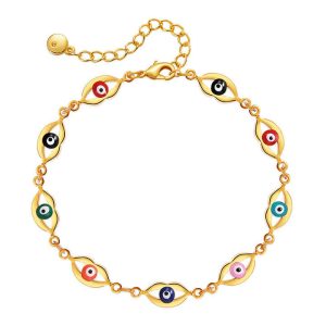 Classic Gold Plated Stainless Steel Evil Eye Bracelet with Zircon Blue Stone Unisex Chain Jewelry