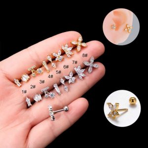 Trendy Piercing Jewelry Wholesale 16g Gold Silver CZ Diamond Flower Geometry Shape Stud Helix Cartilage Earring