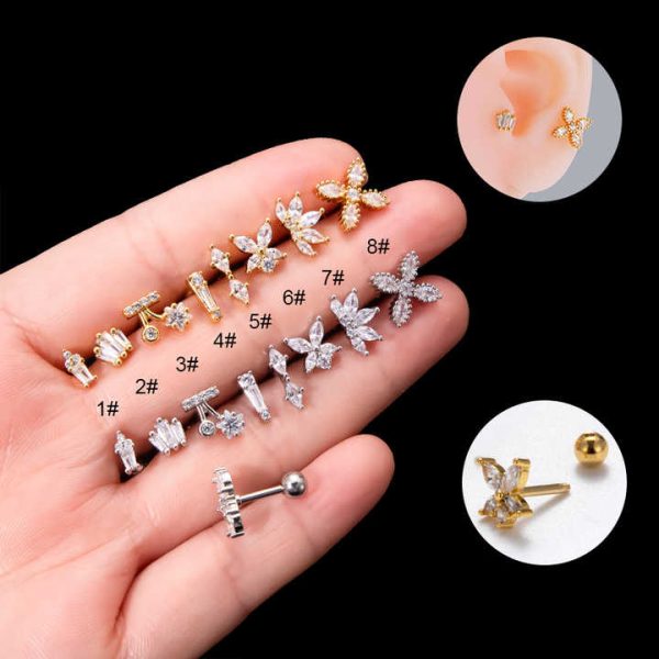 Trendy Piercing Jewelry Wholesale 16g Gold Silver CZ Diamond Flower Geometry Shape Stud Helix Cartilage Earring