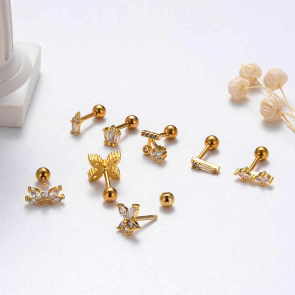 Trendy Piercing Jewelry Wholesale 16g Gold Silver CZ Diamond Flower Geometry Shape Stud Helix Cartilage Earring