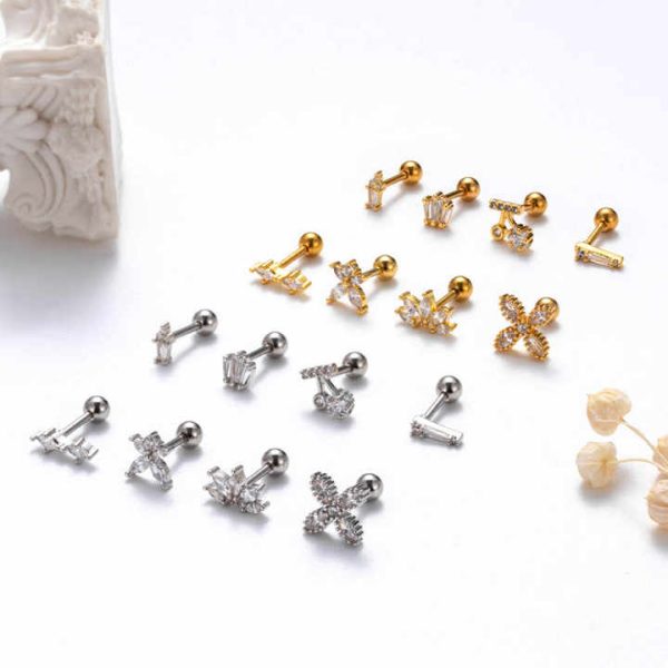 Trendy Piercing Jewelry Wholesale 16g Gold Silver CZ Diamond Flower Geometry Shape Stud Helix Cartilage Earring