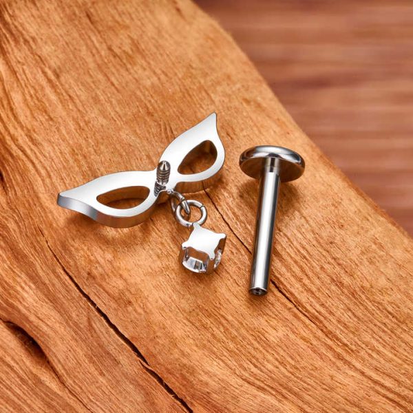 New Design ASTM F136 Titanium Internally Threaded Masquerade Mask CZ Inlay Nose Stud Ear Tragus Cartilage Piercing Body Jewelry