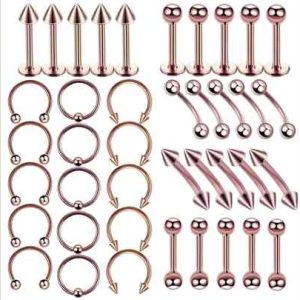 Unisex 40-Piece Stainless Steel Hip Hop Body Jewelry Set - Anti-Allergy Nose Ear Lip Tongue Rings & Eyebrow Studs