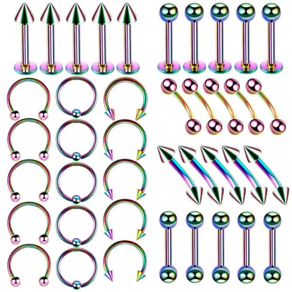Unisex 40 Pieces Set Hip Hop Style Classic Titanium Anti Allergy Nose Ear Lip Tongue Rings Eyebrow Stud Body Piercings Set