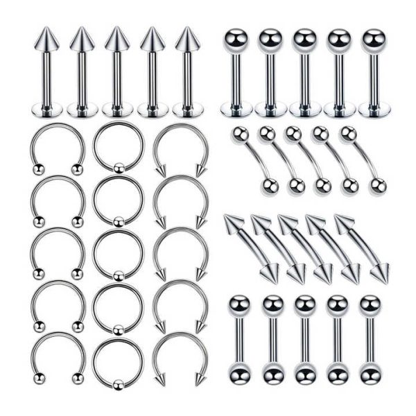 Unisex 40 Pieces Set Hip Hop Style Classic Titanium Anti Allergy Nose Ear Lip Tongue Rings Eyebrow Stud Body Piercings Set