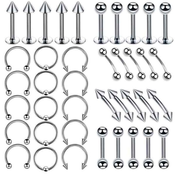 Unisex 40 Pieces Set Hip Hop Style Classic Titanium Anti Allergy Nose Ear Lip Tongue Rings Eyebrow Stud Body Piercings Set