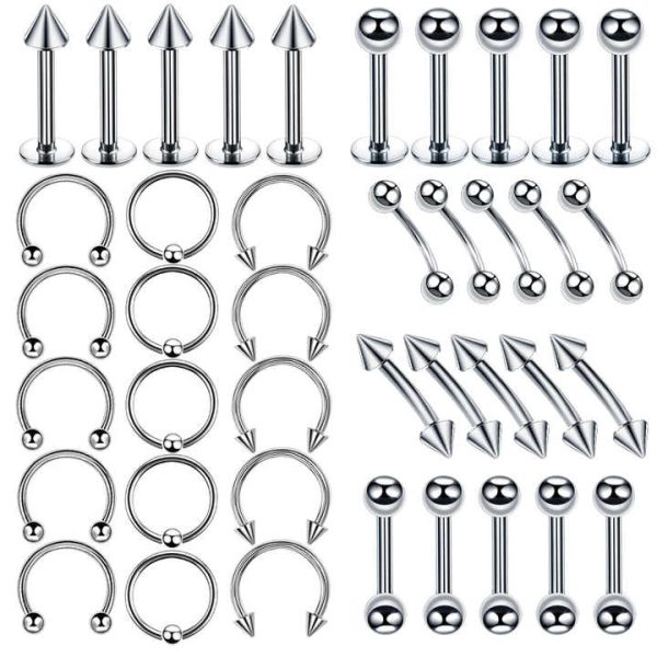 Unisex 40 Pieces Set Hip Hop Style Classic Titanium Anti Allergy Nose Ear Lip Tongue Rings Eyebrow Stud Body Piercings Set
