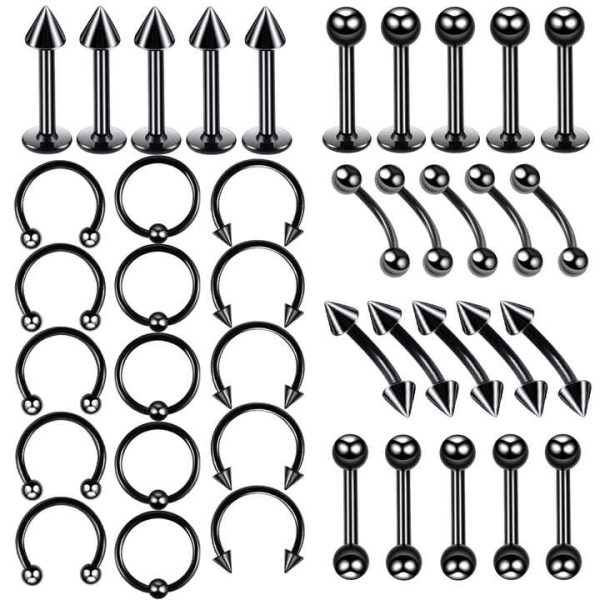 Unisex 40 Pieces Set Hip Hop Style Classic Titanium Anti Allergy Nose Ear Lip Tongue Rings Eyebrow Stud Body Piercings Set