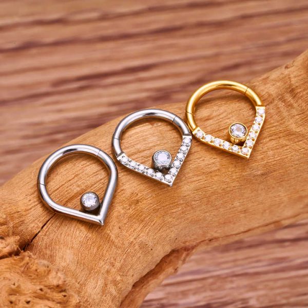 Hot Sale G23 Titanium 16G Heart Shaped Zirconia Inlay Hinged Segment Septum Nose Ring Ear Cartilage Helix Body Piercing Jewelry
