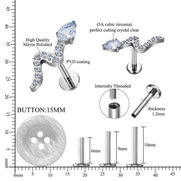 G23 ASTM F136 Titanium Snake Shape Nose Stud Earrings Zircon Inlay Labret Piercing 16G Ear Stud Ear Tragus Body Piercing Jewelry