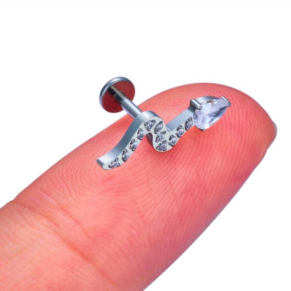 G23 ASTM F136 Titanium Snake Shape Nose Stud Earrings Zircon Inlay Labret Piercing 16G Ear Stud Ear Tragus Body Piercing Jewelry