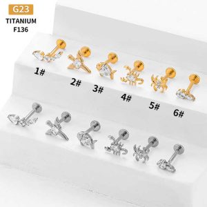 G23 Titanium Chain Cartilage Helix Earrings Flat Back Internally Threaded Zircon Labret Lip Stud