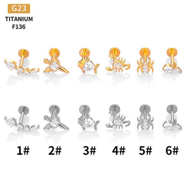 G23 Titanium Chain Cartilage Helix Earrings Flat Back Internally Threaded Zircon Labret Lip Stud