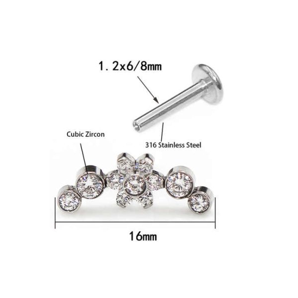 Wholesale 316 Stainless Steel Internally Threaded Flat Back Earring 16G CZ Gold PVD Lip Nose Piercing Jewelry for Women Zircon
