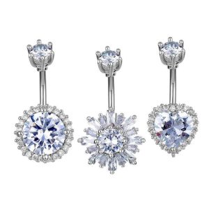 Fashion Stainless Steel Circular Flower Zircon Navel Nail Piercing Jewelry Silver Plated Crystal Heart Belly Button Rings